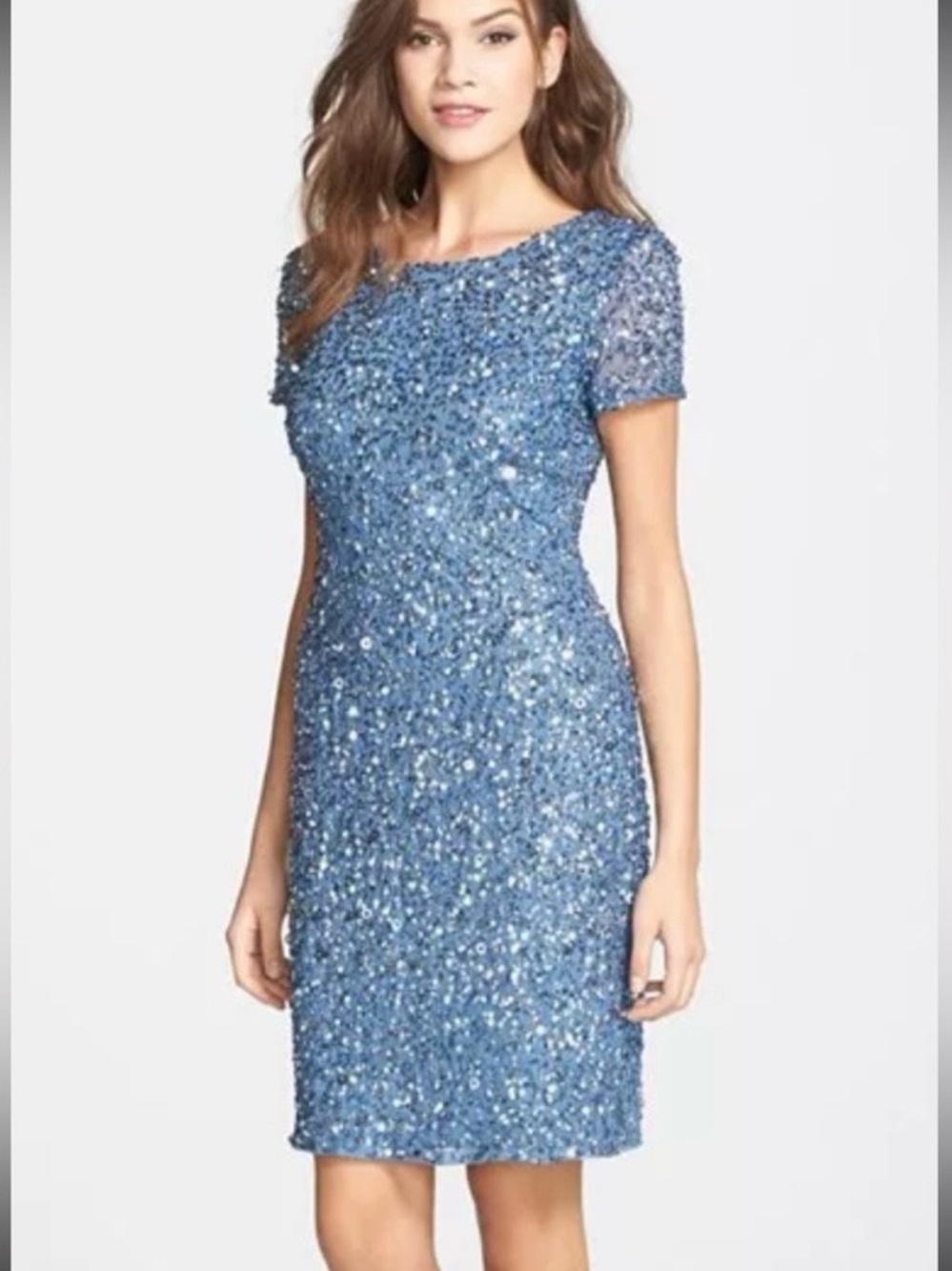Adrianna Papell Light Blue Sequin Short-Sleeve Sheath Dress